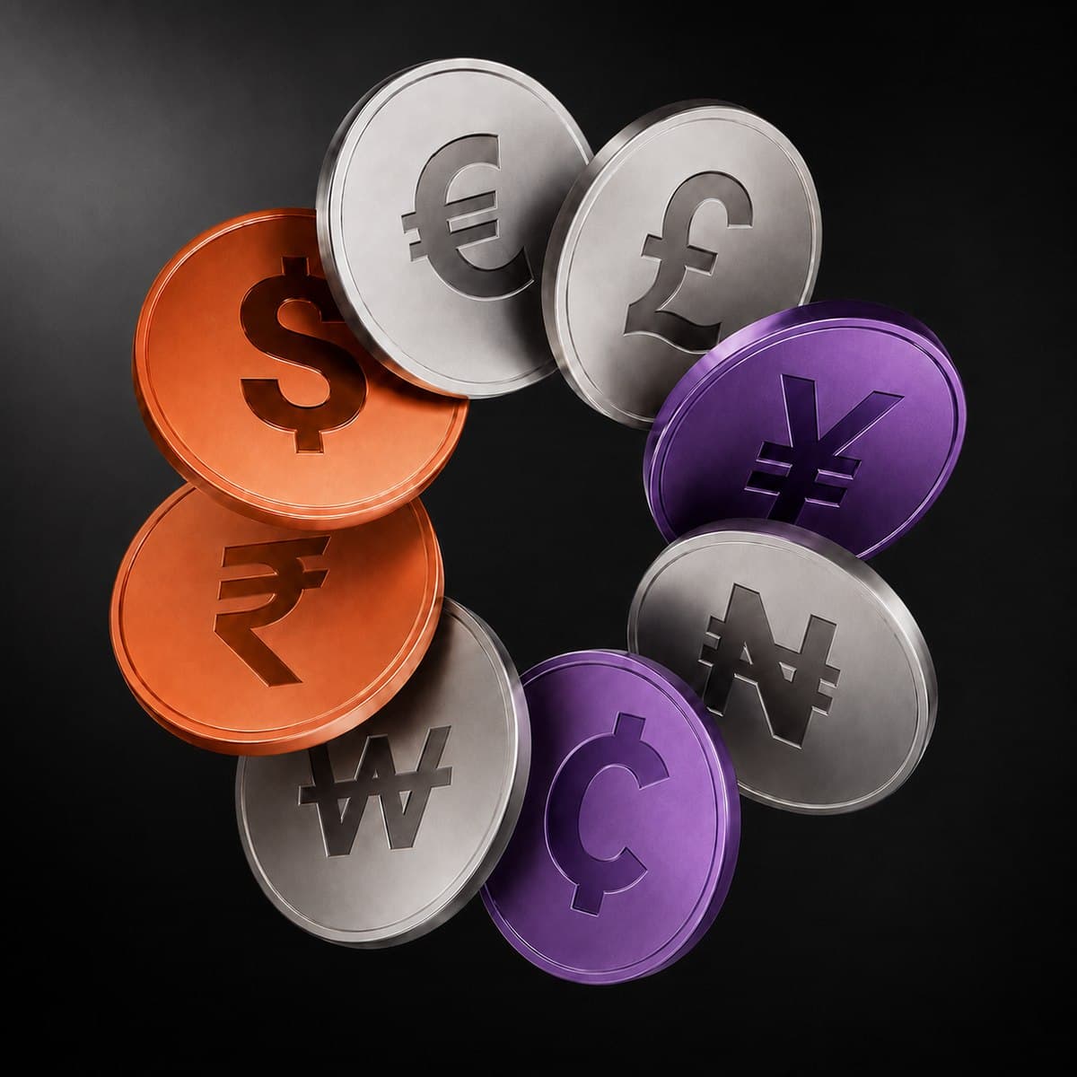A ring of currency coins: dollar, euro, pound, yen, naira and more.